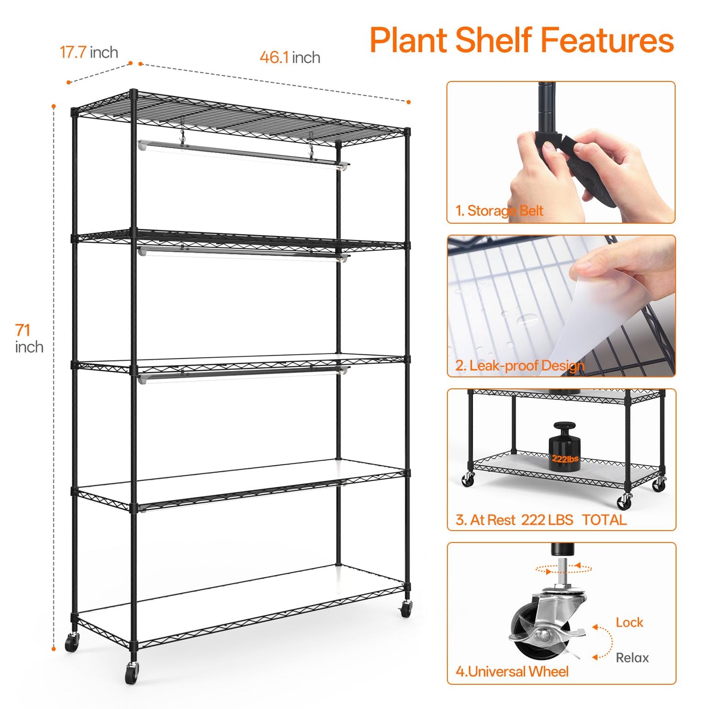 Bstrip Plant Shelf with Grow Light, 5 Tier Large Tall Plant Stand with 3FT T8 120W Grow Light for Indoor Plants, Full Spectrum LED Plant Light with Wheel for Seedling, (47.2" Lx17.8 Wx71 H)