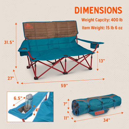 Kelty Low Loveseat Oversized 2-Person Heavy Duty Folding Camp Chair, Double Seat for Soccer Games, Tailgating, Beach Days (Low Height/Deep Lake)
