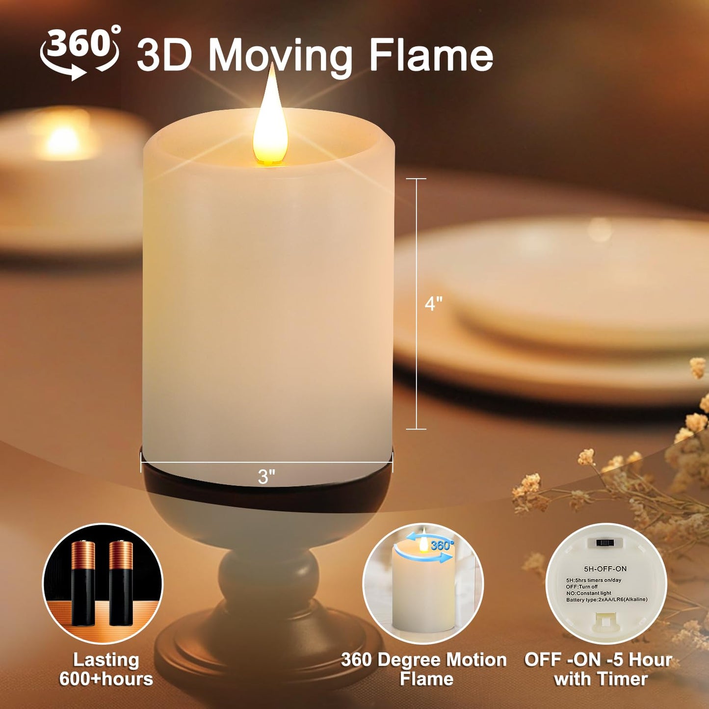 Tediselu Flickering Flameless Candles with 3D Moving Flame, Real Wax Battery Operated Candles with Timer and Remote, Last 600+ Hours, 3" x 4" LED Fake Candles for Home Wedding Christmas Decor, 2 Pack