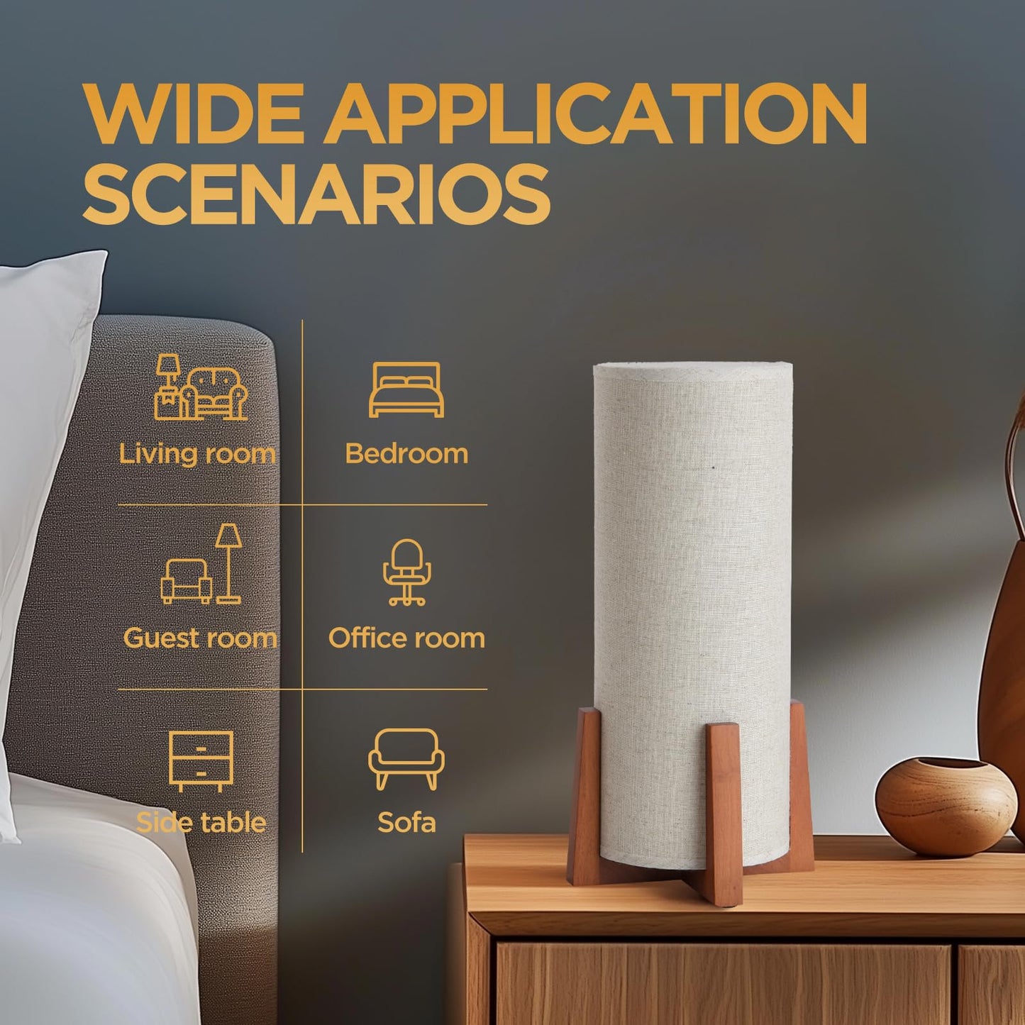 Fengarolam Modern Small Table Lamps, Nightstand Lamp with Linen Fabric Shade, 13.97" Cylinder Wood Base Bedside Table Lamp for Bedroom Office Living Room Home Decor