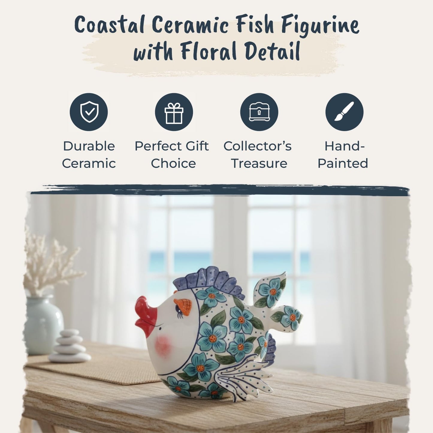 Blue Sky Clayworks Coastal Flower Fish Figurine, 9.5-inch Length, Blue, Tabletop Decoration