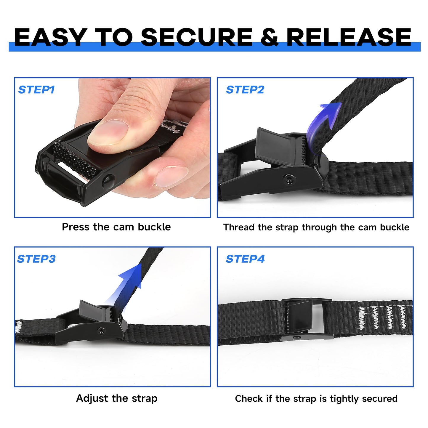 Cinch Strap, 6ft x 1 Inch Wide Lashing Straps with Buckles Adjustable Cam Straps, 1763lbs Heavy Duty Quick Pull Release Utility Nylon Black Cargo Tie Down Straps for Kayak Trucks Trailer Box, 12 Pack