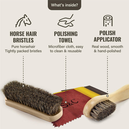 Stone & Clark 12PC Shoe Polish & Care Kit, Leather Shoe Shine Kit with Brown Wax, Shoe Brushes for Polishing, Shine Cloth & Shoe Horn, Compact Shoe Cleaning Kit with Horse Hair Brushes & PU