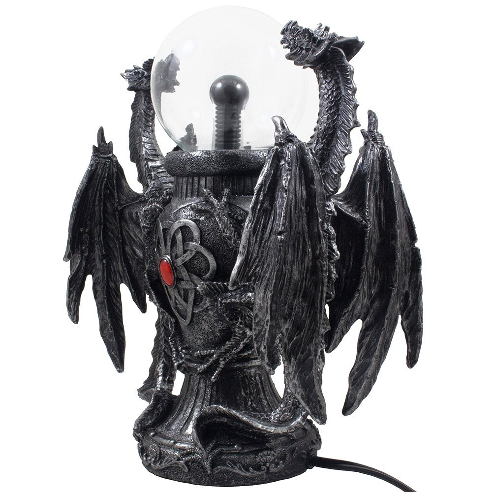 Mythical Guardian Dragon Duo Watching Crystal Ball Table Lamp and Metallic Look Vase Statue for Medieval Home Decor Globe Lights As Enchanting Renaissance Gifts