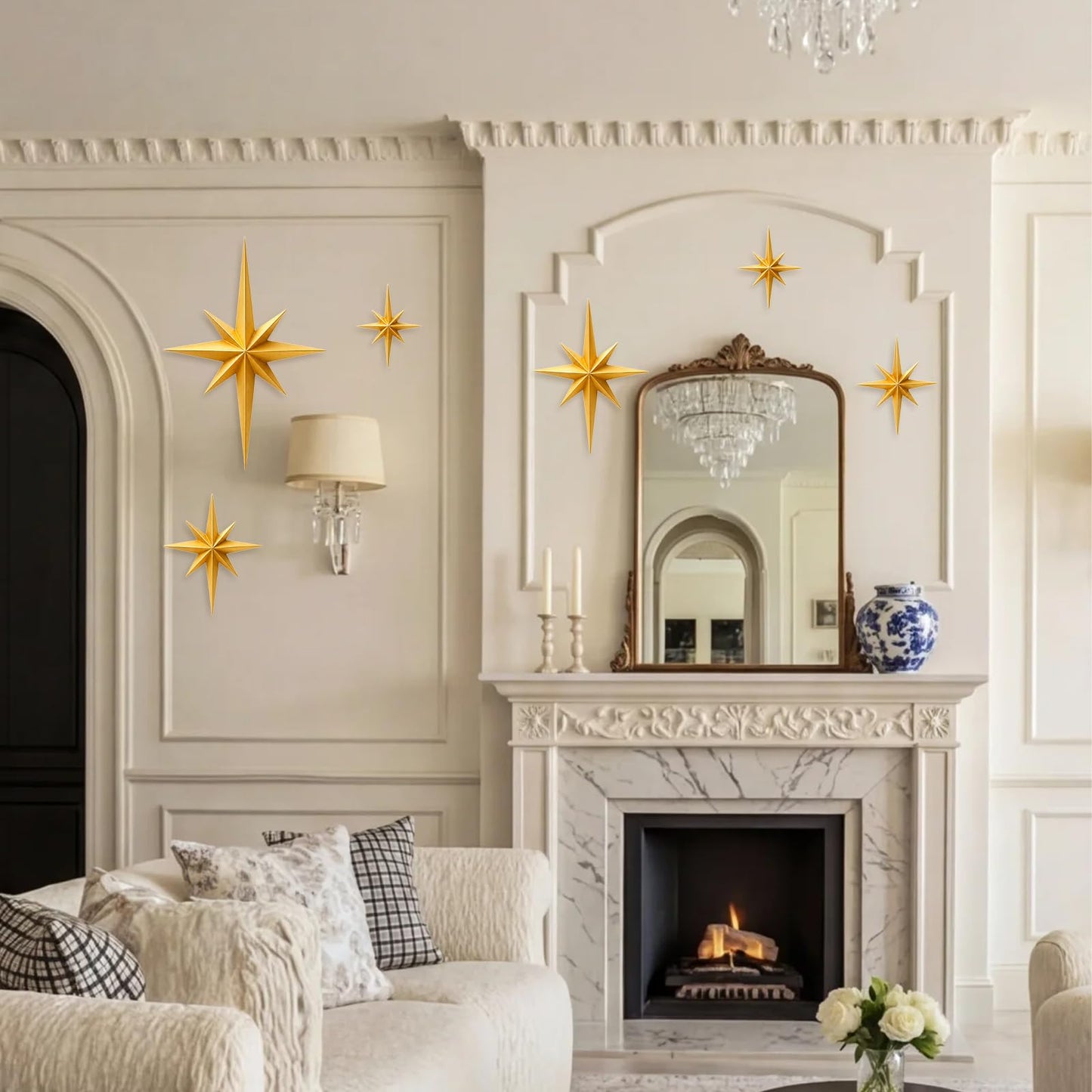 Shudyear 6 Pack Starburst Wall Decor Set, 3D Retro Mid Century Modern Star Wall Art, Gold/Black Plastic Celestial Wall Sculptures for Living Room, Bedroom, Apartment Decor (Gold)