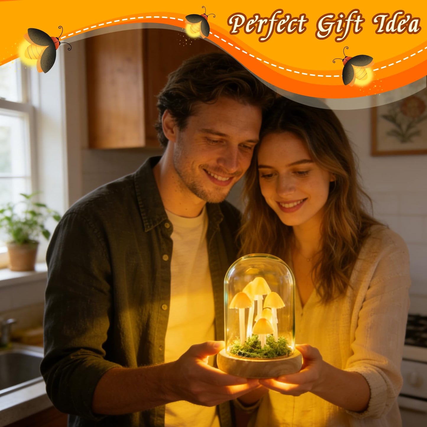 Kiinfendly Decorative Mushroom Lamp with Glass Dome, Warm LED Night Light for Bedroom & Living Room, Unique Mushroom Gifts for Women, Christmas & Birthday Decor