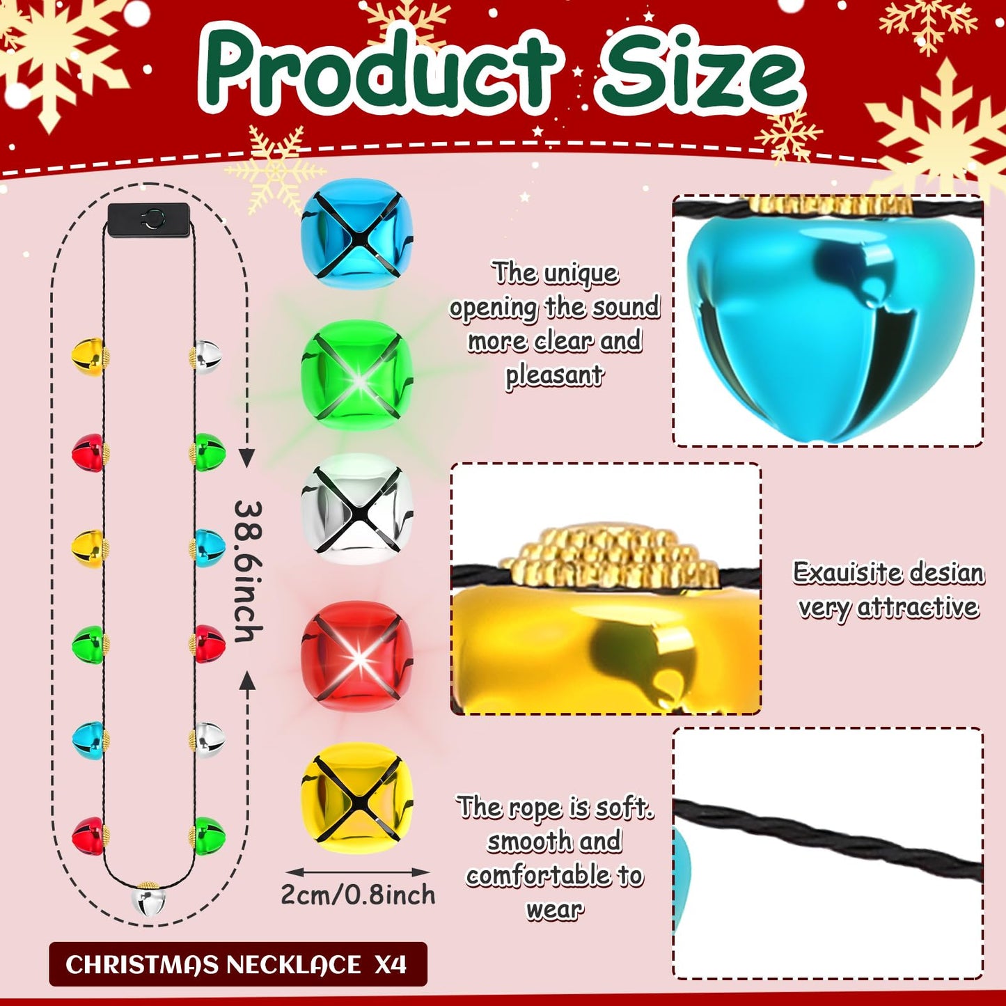 NOVWANG 4Pcs Christmas Light Necklace, Jingle Bell Light up Christmas Necklace for Xmas Winter New Year Ugly Sweater Holiday Party Supplies Accessories
