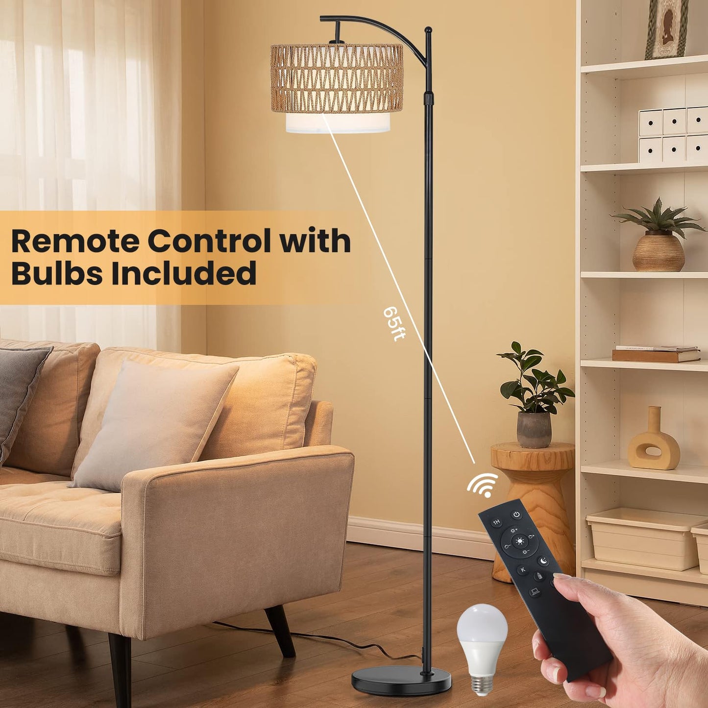 Yusist Arc Floor Lamp for Living Room,Farmhouse Floor Lamps with Remote Control & Dimmable Bulb,Rattan Boho Tall Standing Lamp for Bedroom Office