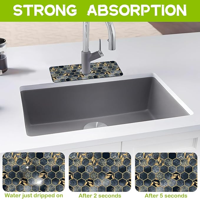 Kitchen Sink Splash Hexagon Marble and Golden Leaves Guard Faucet Mat Super