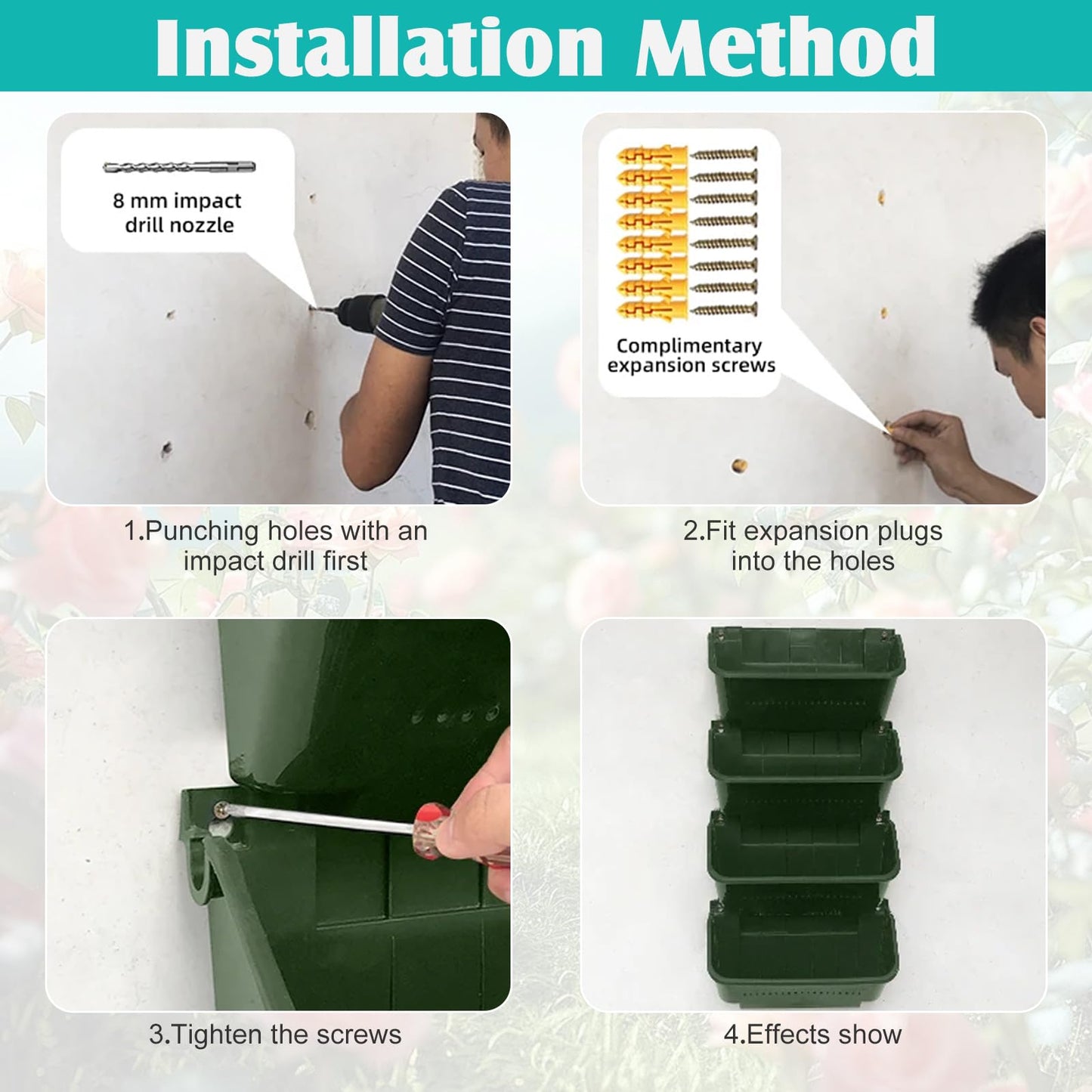 Gatyagff Vertical Wall Planter, 4 Packs Self Watering Wall Planters for Indoor with 3 Pcs Garden Tool Set Vertical Planter Tower for Strawberry Flowers Herbs, 12.9''x5.5'' x26.7''