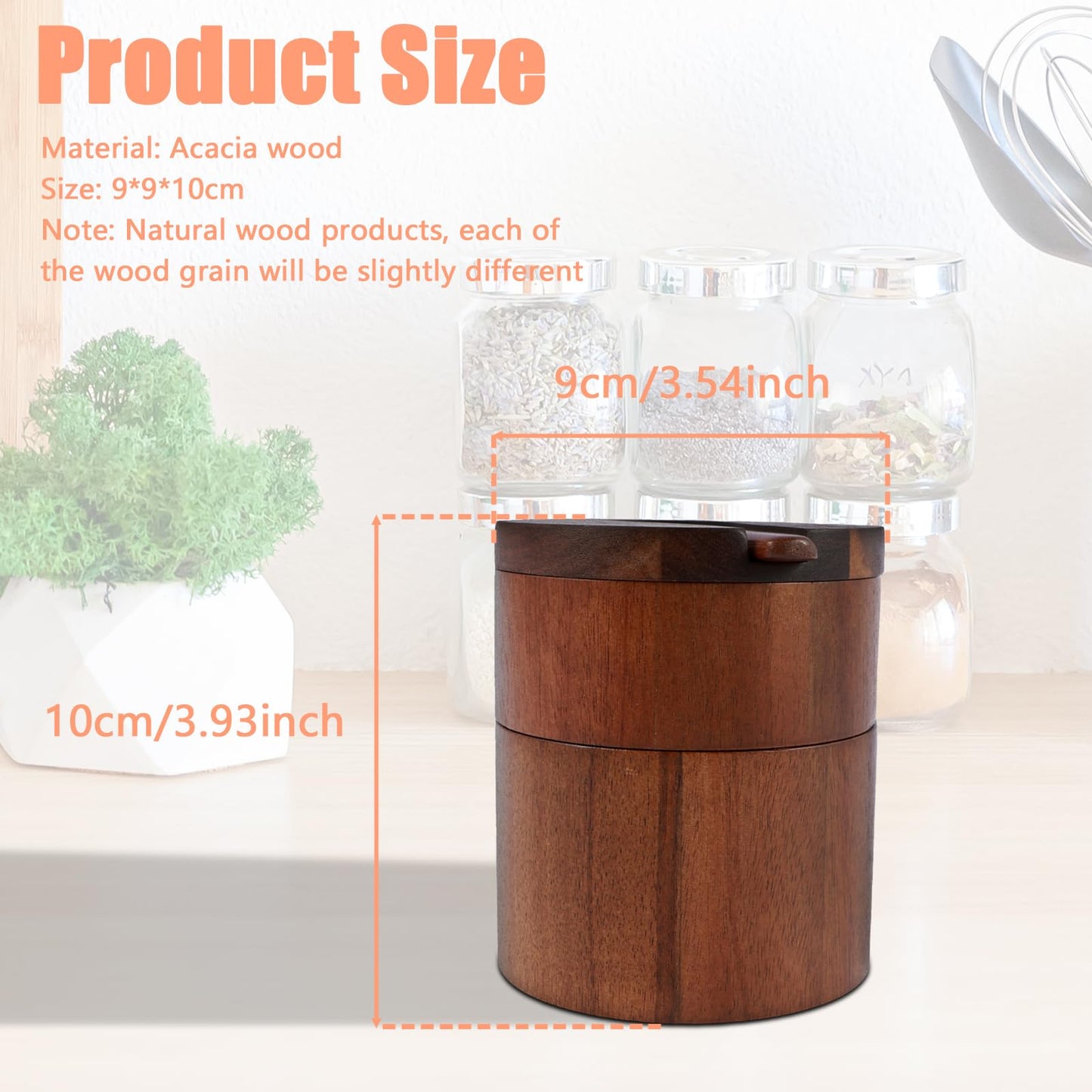 FALESOUL Acacia Wood Salt and Pepper Bowl, 2 Tier Bamboo Kitchen Salt and Pepper Storage Box with Magnetic Swivel Lids, Nature Wood Salt Cellar and Spices Storage Box for Seasonings Spices Pepper