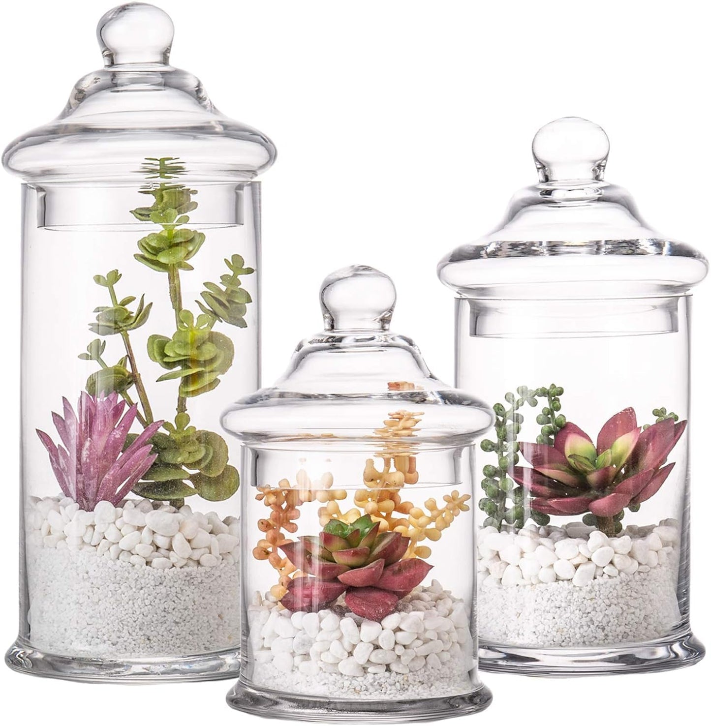 Glass Apothecary Jars with Lids, Set of 3 - Bathroom Storage Organizer for Qtips, Cotton Balls, Bath Salts, Candy, Kitchen & Home Decor (11", 8.5", 7.5" Heights)