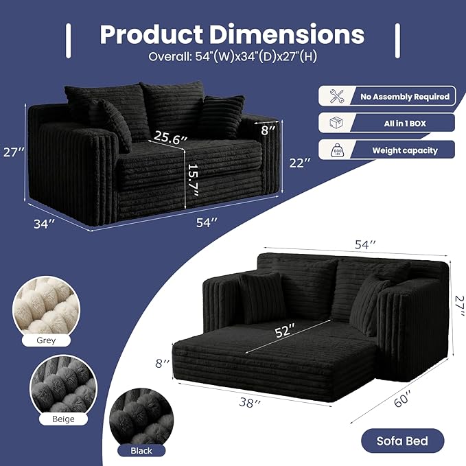 3-in-1 Convertible Sofa Bed: Boneless Loveseat Sleeper & Folding Couch Bed