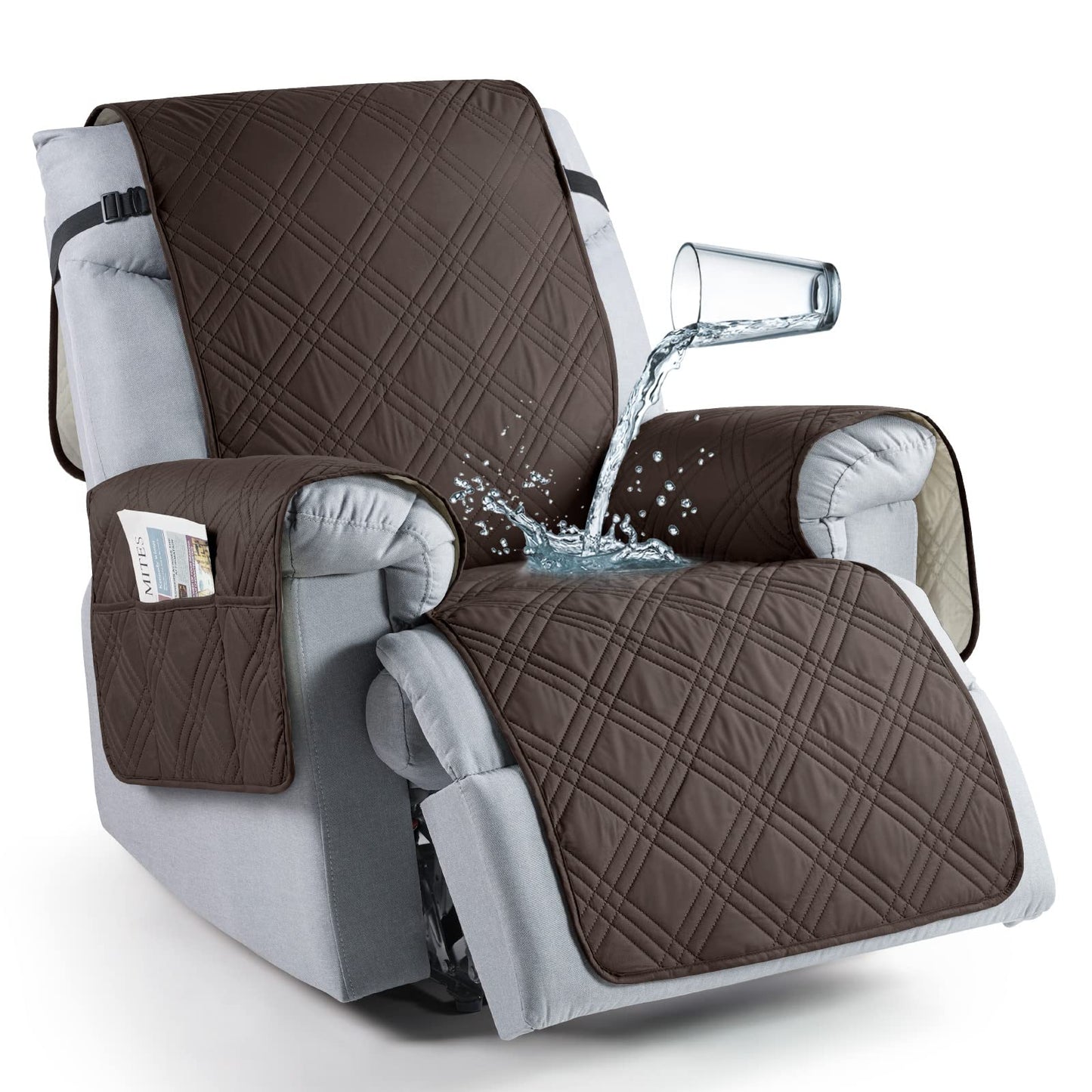TAOCOCO 100% Waterproof Recliner Chair Cover, Non Slip Covers for Recliner Chair with Pocket, Washable Reclining Chair/Furniture Protector for Kids, Pets(23.6'', Chocolate)
