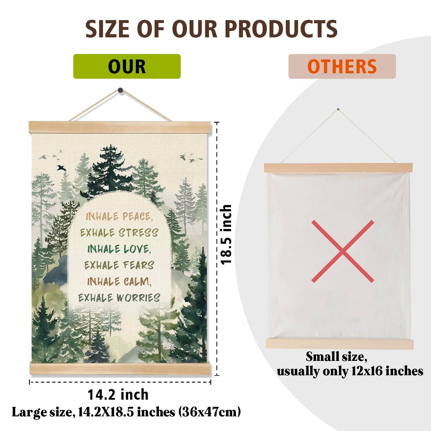 Mindfulness Wall Art Decor,Inhale Exhale Inspirational Forest Poster with Wooden Hanger, Mental Health Decor for Therapy Office, Counseling Room, Yoga Studio, Calm Down Corner, 14x18.5Inches(BG015)