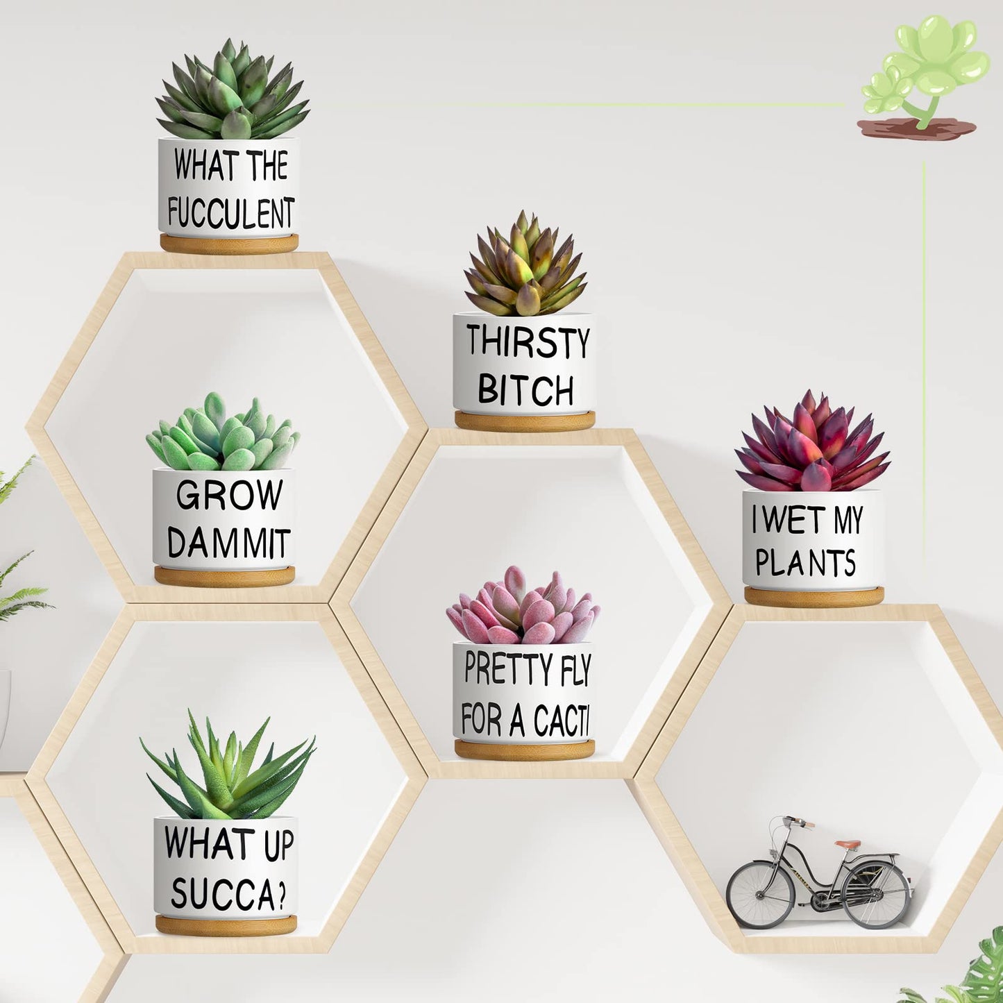 Suclain 6 Set Succulent Flower Cactus Planter Gifts Plant Cactus Flower Ceramic Funny Planter Pots Succulent Planters with Drainage Hole and Bamboo Saucers for Women Men Party Favor