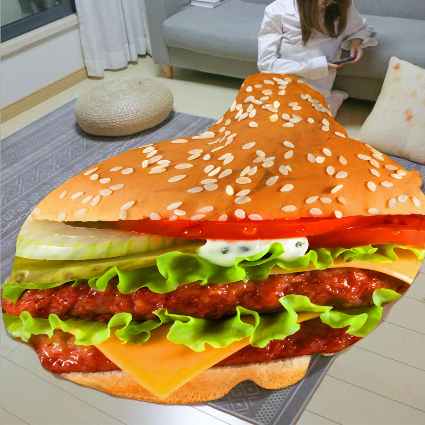 Hamburger Blanket for Kids Adults Round Cozy Flannel Funny Gifts Realistic Food Giant Big Throw Blankets Novelty Soft for Men Women for Bed Couch 71 Inches
