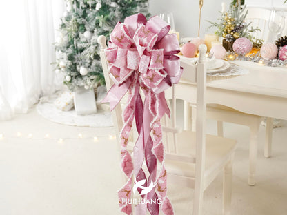HUIHUANG Pink Christmas Tree Topper Bow 13 inch x 45 inch Large Christmas Bows Pink and White Snowflake Velvet Bows for Christmas Tree Ornament, Wreaths, Staircase, Mantel, Home Decor
