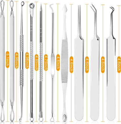 Pimple Popper Tool Kit - Boxoyx 10 Pcs Blackhead Remover Comedone Extractor Kit with Metal Case for Quick and Easy Removal of Pimples, Blackheads, Zit Removing, Forehead,Facial and Nose(Silver)