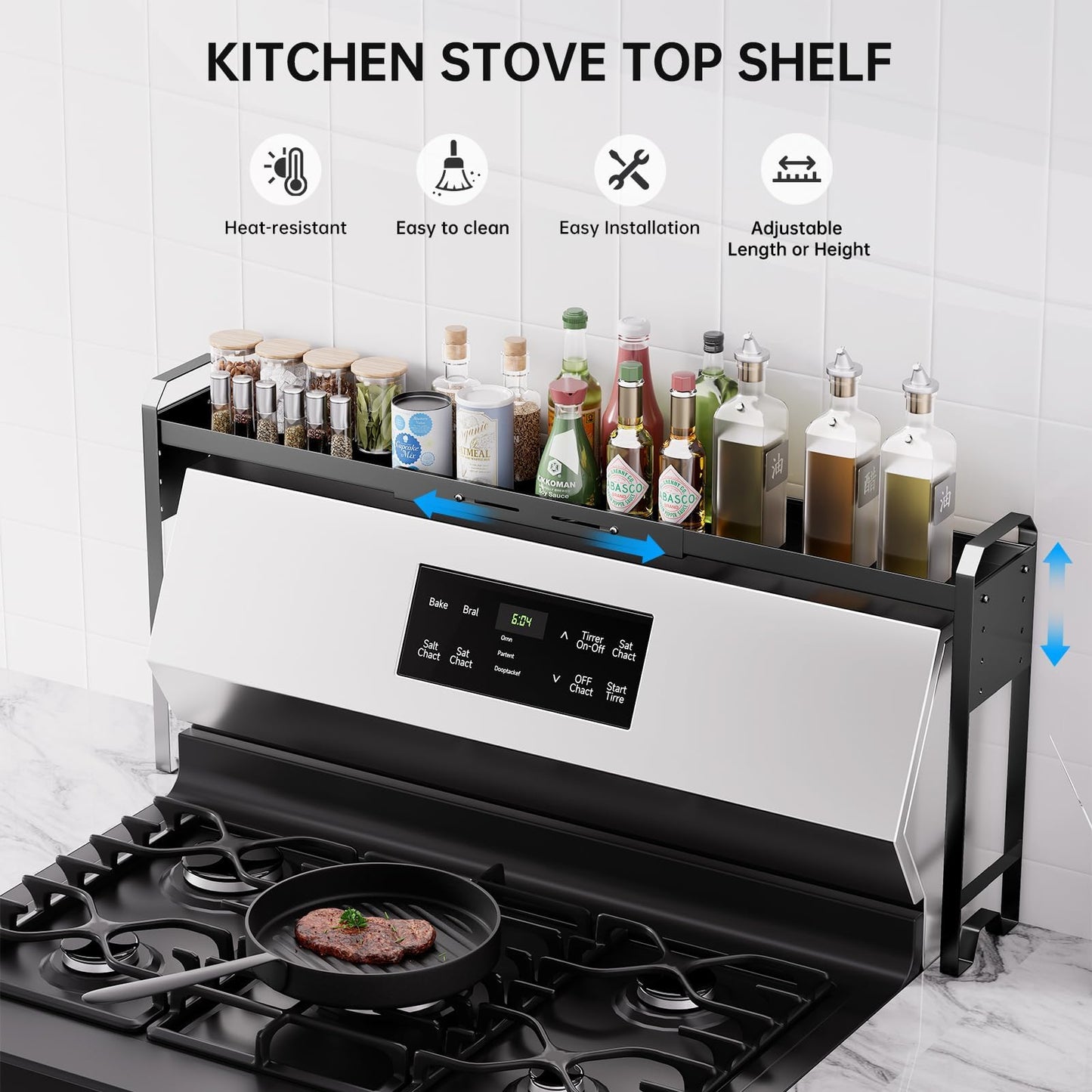 Kitchen Spice Rack Over The Stove, Shelf for Back of Stove, Stove Top Shelf for Seasoning Organizer, Over Oven Shelf, Countertop, Expandable Length 27.3''-32.6'', 4 Adjustable Height (Black, Normal)