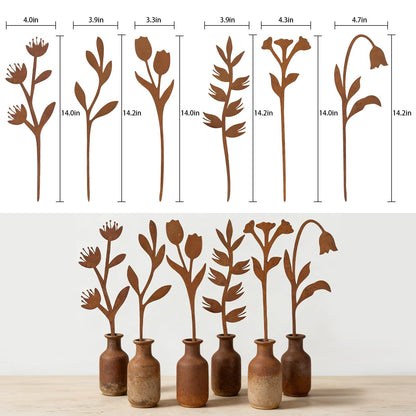 hogardeck Garden Decor for Outside, 6 Pcs Rusty Metal Flower Garden Stakes with Fern Leaf Design for Outdoor Yard Art, Rustic Plant Stakes for Flower Bed, Pot, Vase