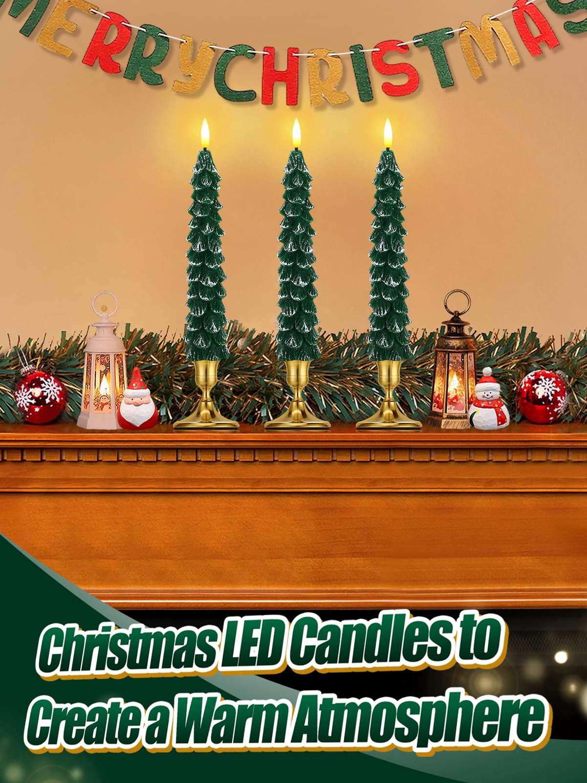 Beeplove 3 Pack Christmas Tree Candles with Remote- Real Wax Flameless Taper Candles, 9.7in Green Candlesticks Battery Operated for Home Table Metal Xmas Holiday Indoor Decorations Gifts