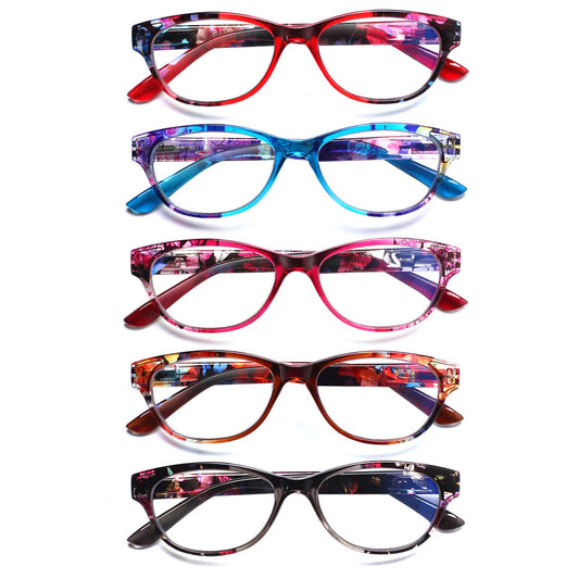 SIGVAN Ladies Cat Eye Reading Glasses 5 Pairs Blue Light Blocking Spring Hinge Fashion Pattern Print Readers for Women (colorful, 4.00, multiplier_x)