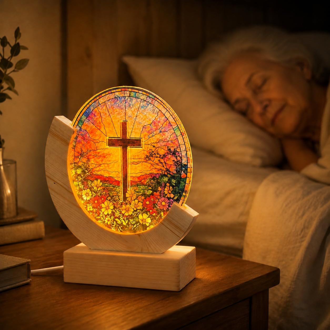 Christian Cross Stained Glass Night Light – Warm LED Glow, USB Powered, Solid Acrylic Plate with Wooden Base – Religious Home Decor Gift for Mom, Women, Christians, Easter, Christmas, Mother's Day