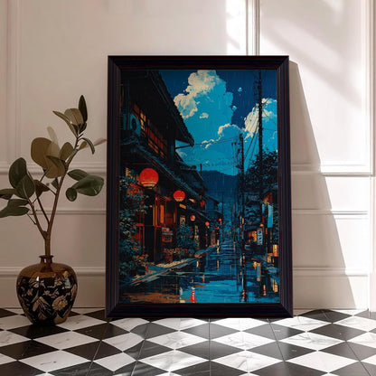 Framed Japanese Canvas Wall Art, Cartoon Style Tokyo Tea House Anime Poster, Modern Ukiyo-e City Street Cafe Scene Painting, Asian Japandi True-to-life Fine Art Print for Bedroom 8x10in