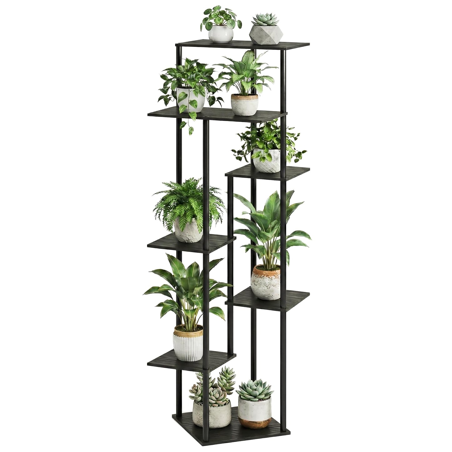 JEPRECO Tall Plant Stand Indoor 7-Tier Metal Wood Plant Shelf for Multiple Flower Pots Corner Flower Holders for Living Room Balcony Bedroom, Black