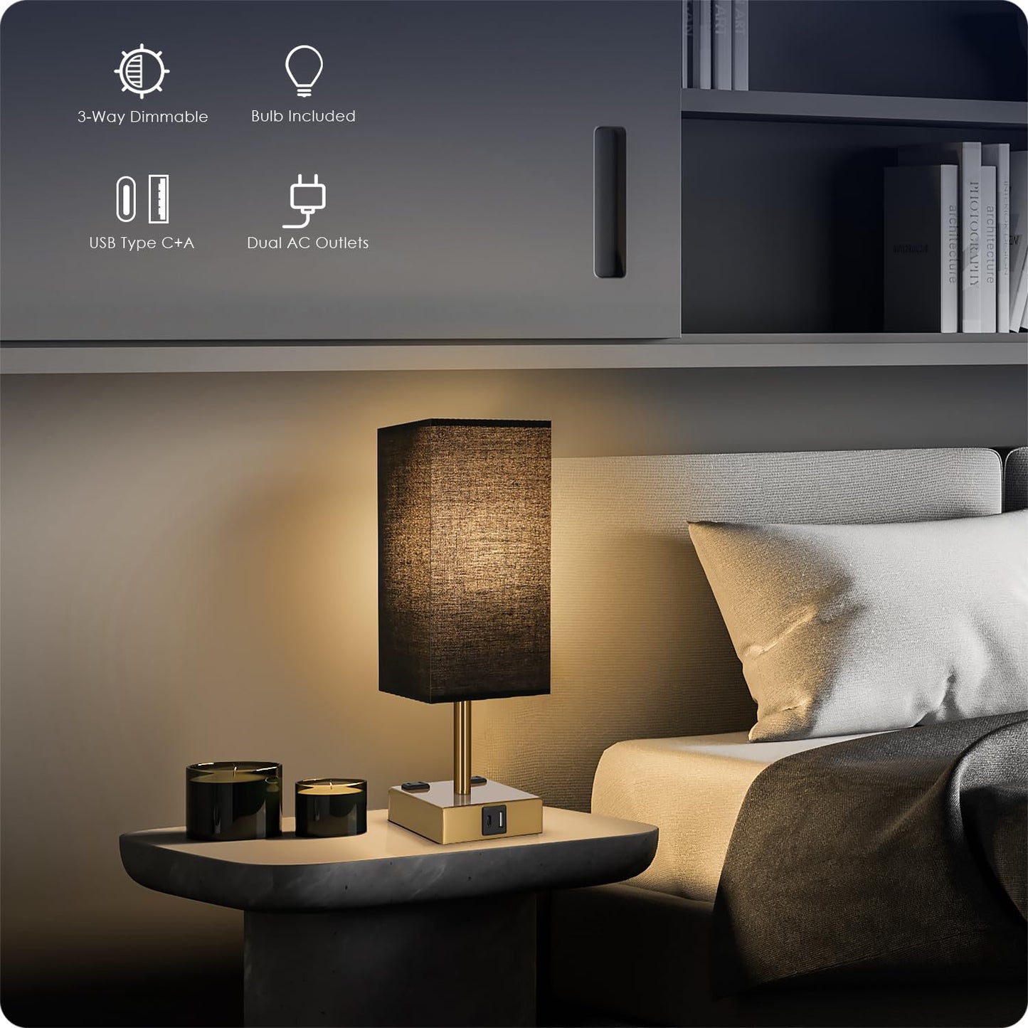 Soilsiu Bedside Lamp with USB Ports - Touch Control Table Lamp for Bedroom with USB C+A Charging Ports & AC Outlets, 3 Way Dimmable Nightstand Light for Living Room (LED Bulb Included, Brass - Black)