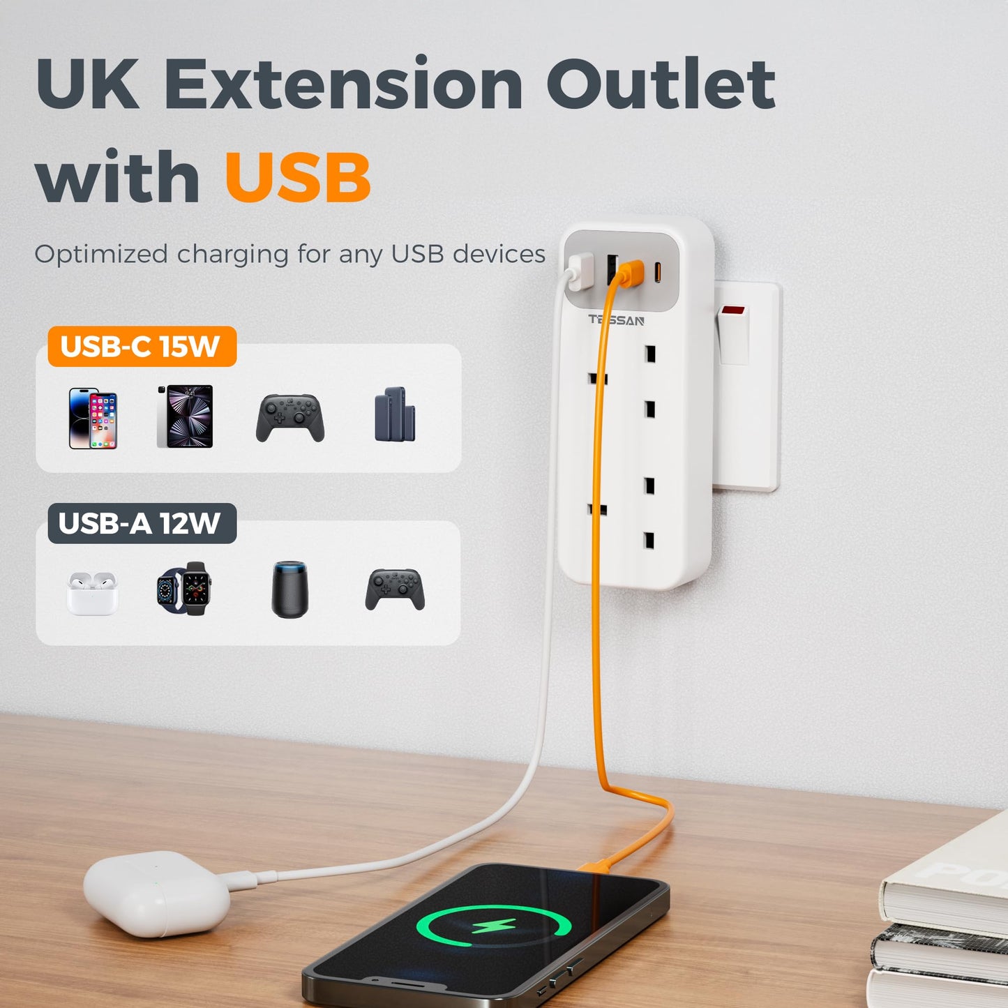 Double Plug Adaptor with 4 USB(2 USB C), TESSAN 2 Way Multi Plug Extension Adapter, UK 13A Fuse Multiplug Sockets Power Extender for Home, Kitchen, Office, School Supplies