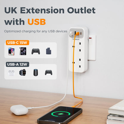 Double Plug Adaptor with 4 USB(2 USB C), TESSAN 2 Way Multi Plug Extension Adapter, UK 13A Fuse Multiplug Sockets Power Extender for Home, Kitchen, Office, School Supplies
