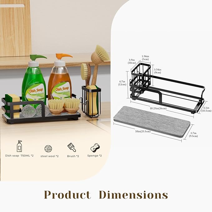 Kitchen Sink Caddy Organizer for Instant Dry, Rustproof Sponge Holder & Dish