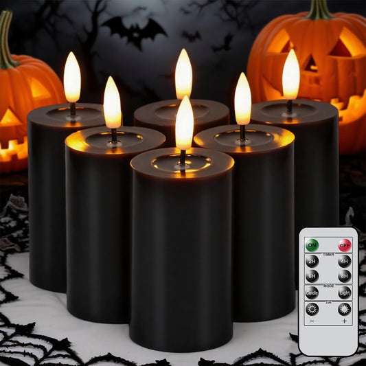 Lasumora Halloween Decorations Mirror Surface Candles with Remote Timer, Battery Operated 6pcs Real Wax LED Votive Candle Realistic Flickering for for Halloween Decor Lantern Φ 2" H 4.5” Black