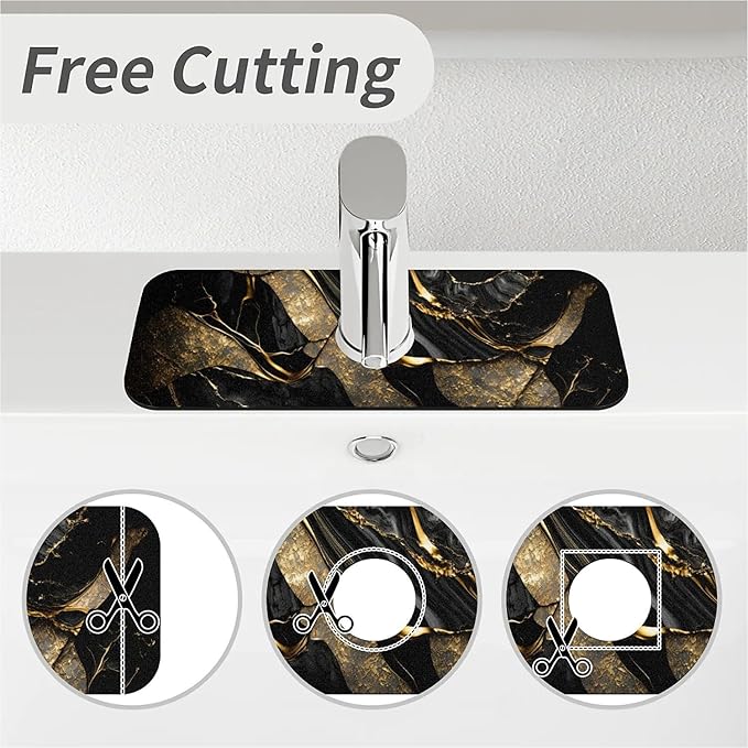 Kitchen Sink Splash Guard，Black and metallic gold marble Faucet Mat Sink