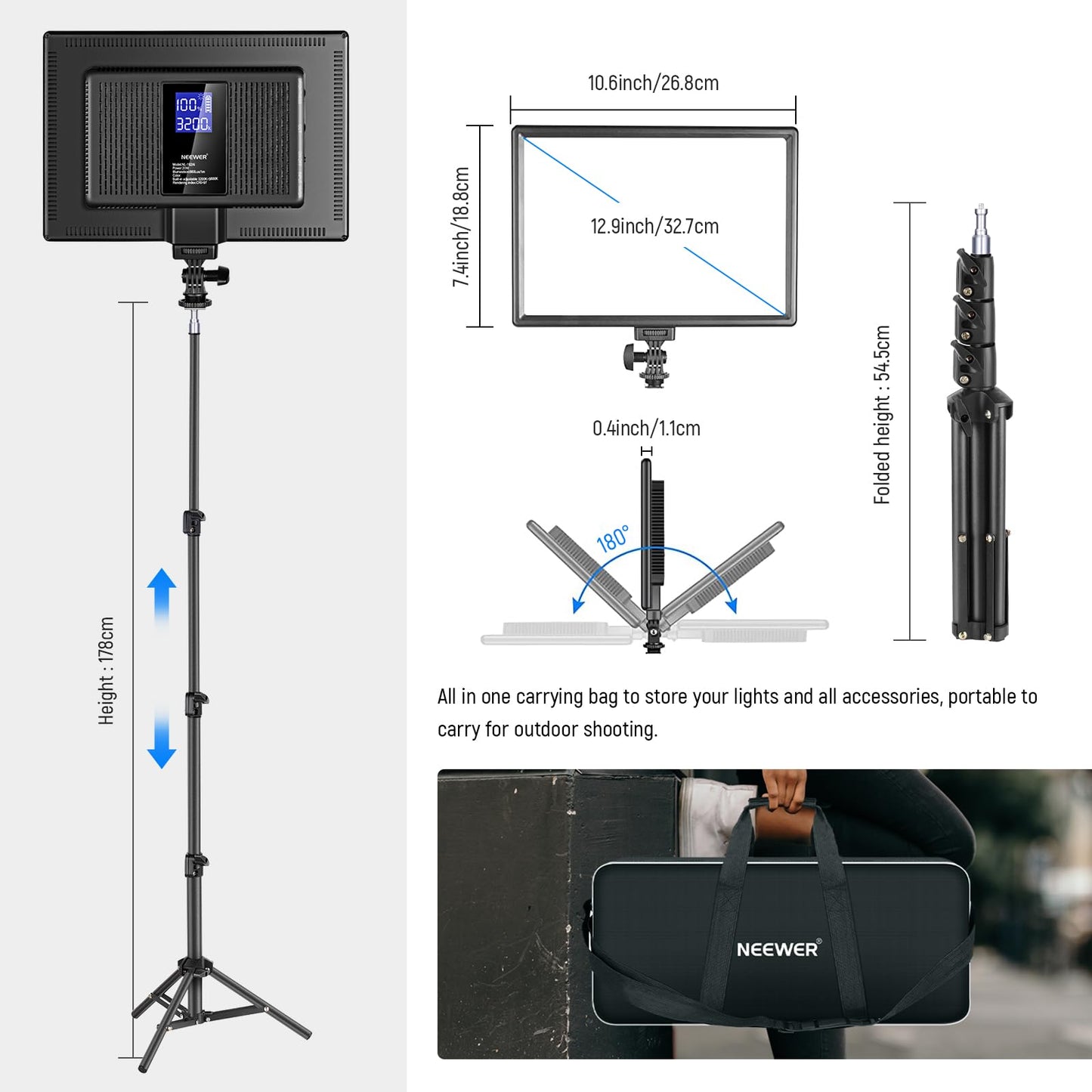 NEEWER 13" LED Video Light Panel Kit, 2 Pack Bi Color Dimmable with Tripod Stand, 4000mAh Battery, 3200K-5600K CRI97+, USB, for Studio/Streaming/YouTube, Black, NL-192AI