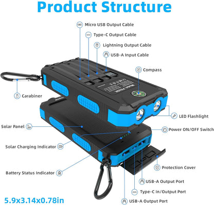 Solar Charger Power Bank 20,000mAh, Portable Charger, 4 Cables 3 Ports Fast Charging External Battery Pack with USB C for Cell Phones, Solar Panel Charger with Dual Flashlight for Camping