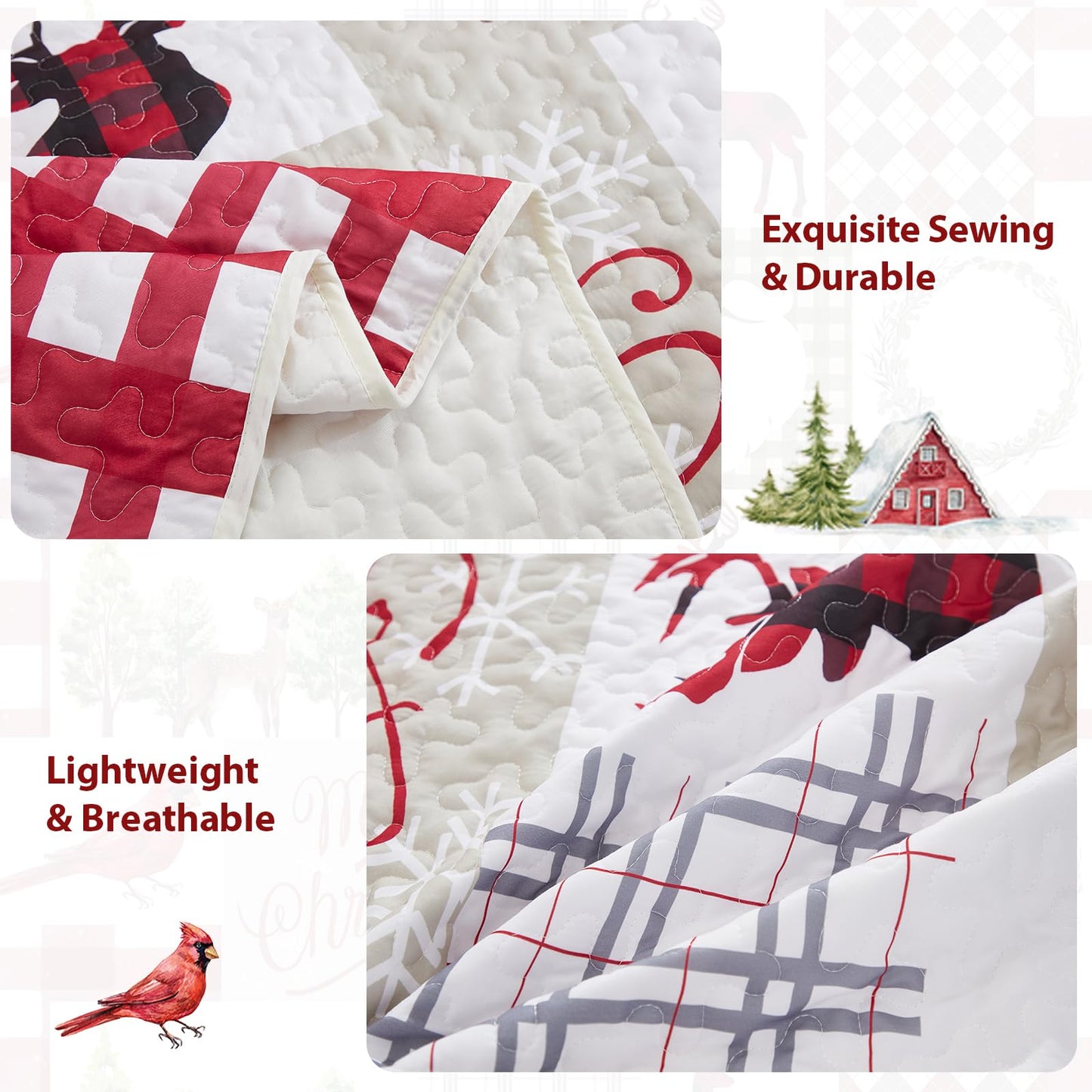 WONGS BEDDING Christmas Quilt Set King Rustic Christmas Tree Snowman Cardinal Holiday Wreath Pattern Bedding Solid Bedspread Coverlet with 2 Pillow Shams for All Season, Soft Microfiber Quilt 103"x90"