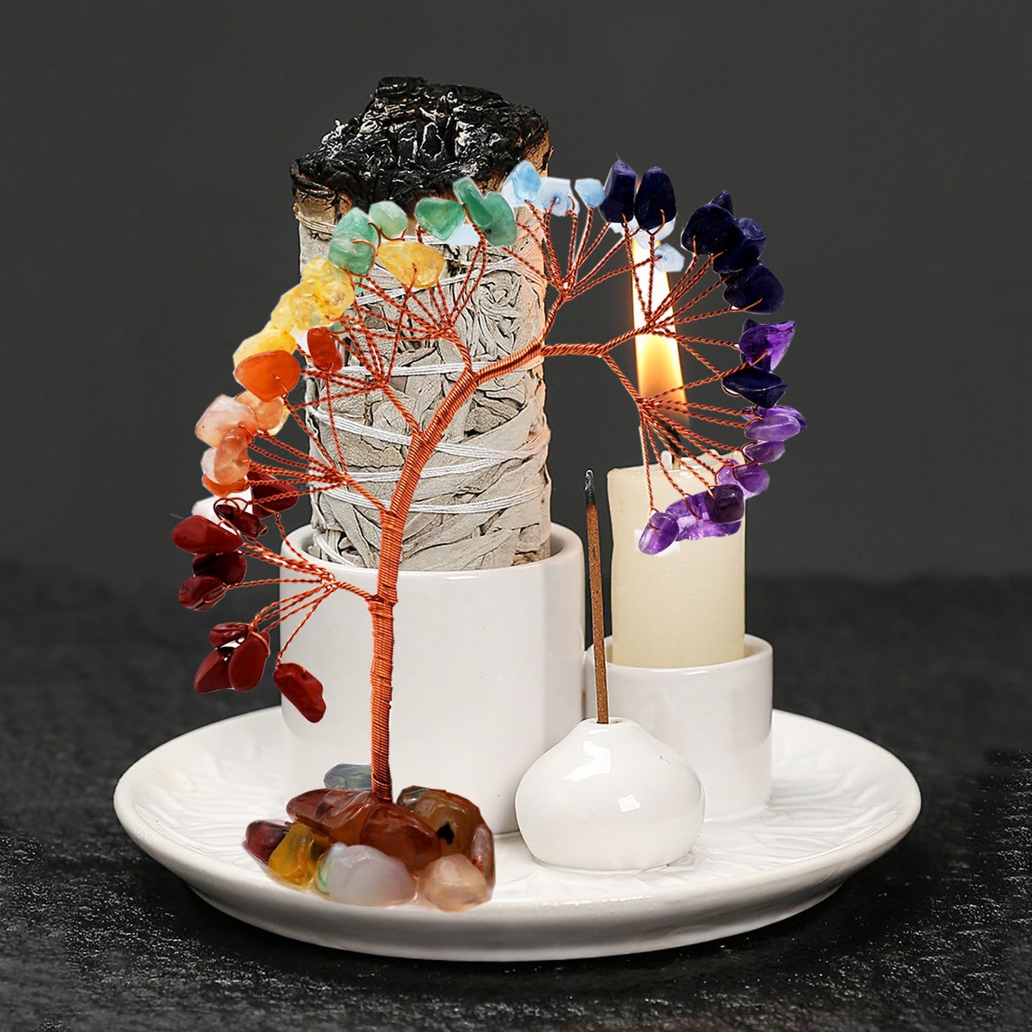 5 in 1 Incense Burner Holder with Crystal Healing Tree, Palo Santo Holder, Sage Holder, Incense Holder for Sticks/Cones/Candles, Ceramic Tray Ash Catcher for Burning Incense, Meditation Gift (White)