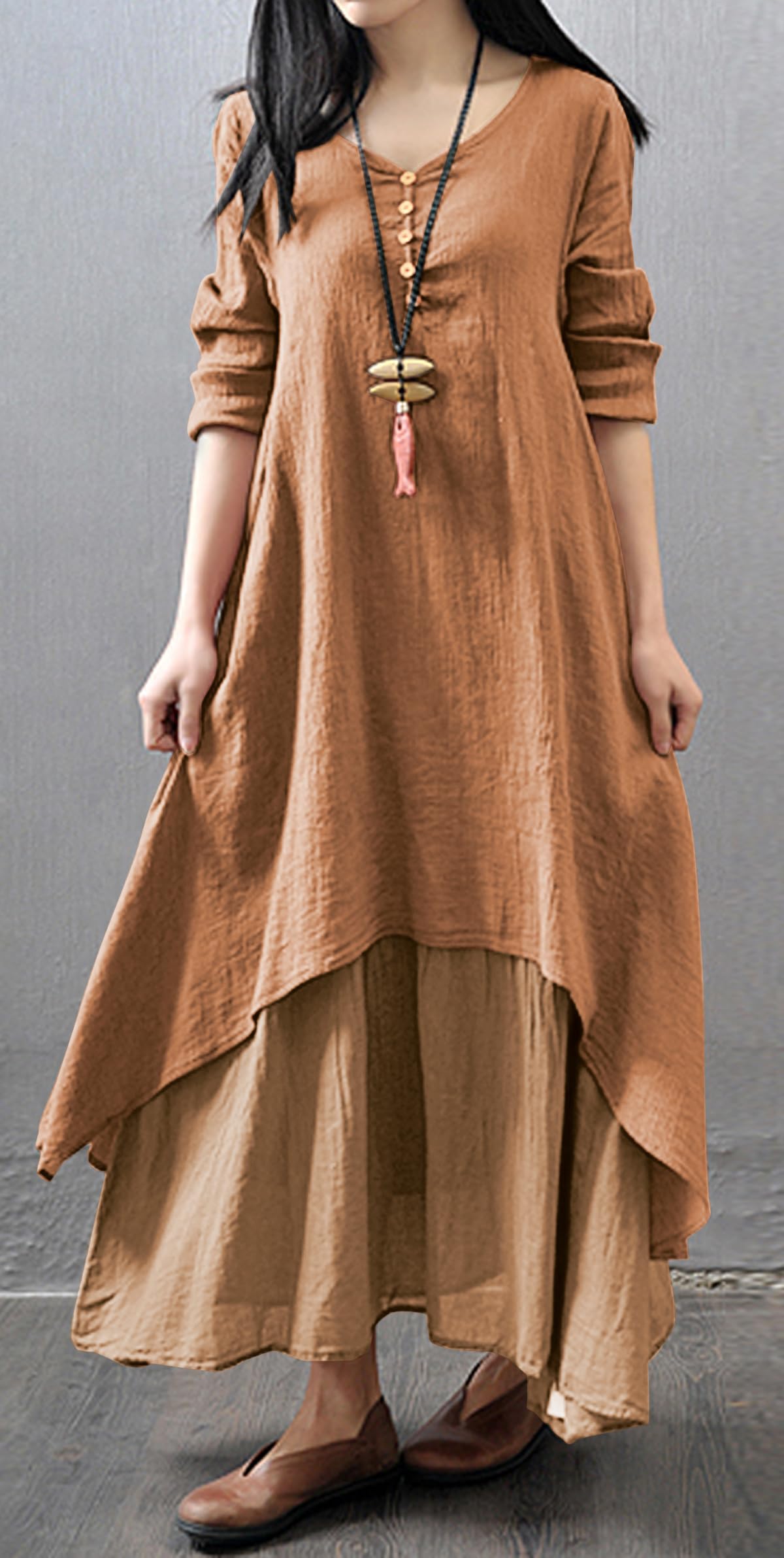 R.Vivimos Women Long Sleeve Cotton Casual Loose Plus Size Irregular Long Dresses