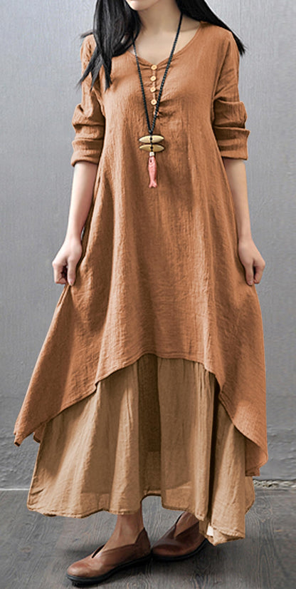 R.Vivimos Women Long Sleeve Cotton Casual Loose Plus Size Irregular Long Dresses