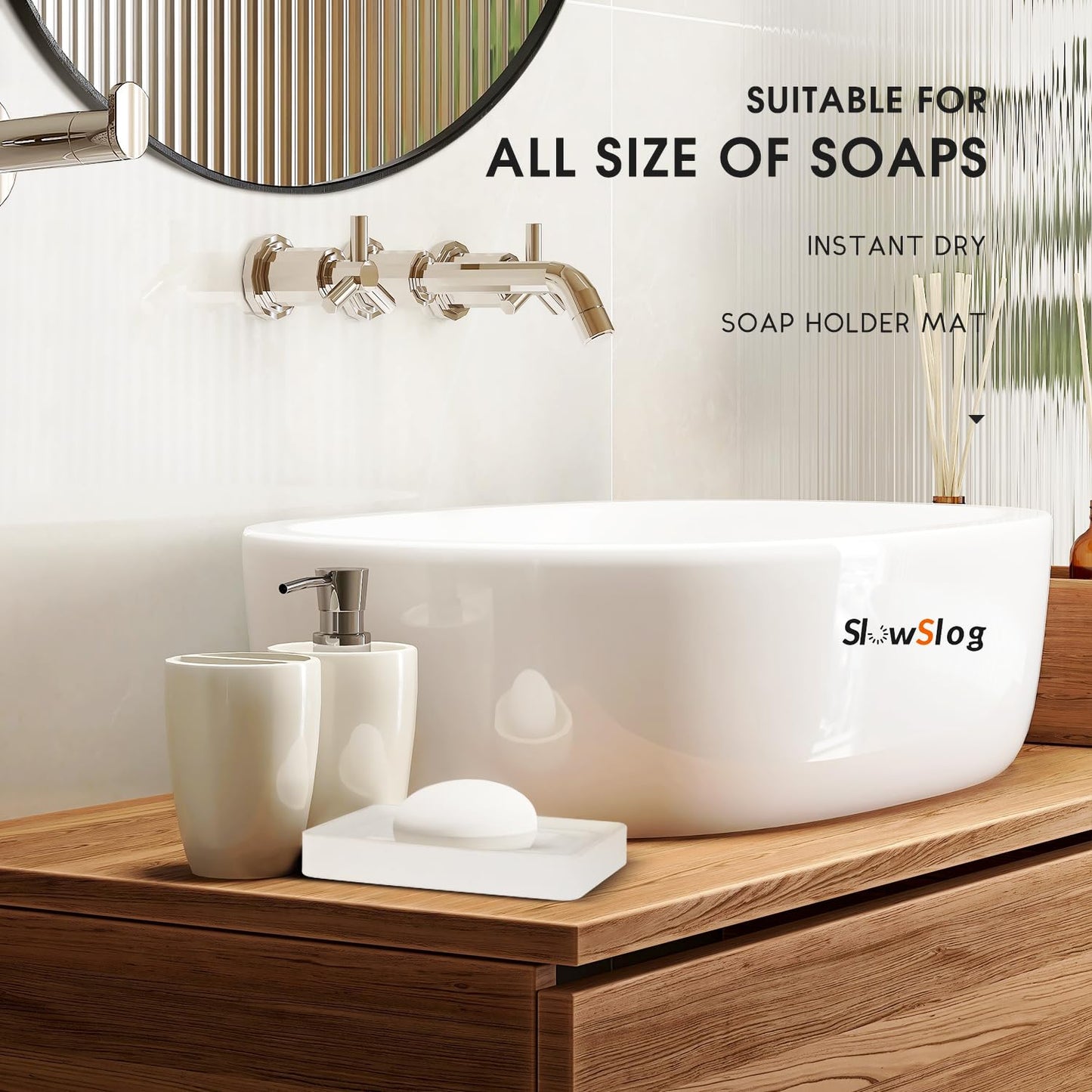 Slow Slog 1 Pack Diatomite Soap Dish Holder, Quick Dry Stone Bath Tray, Diatomaceous Earth Stone Soap Holder, Water Absorbent Rectangular Soap Dish for Bar Soap, White