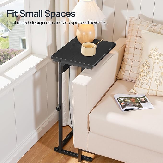 HOOBRO C-Shaped End Table with Charging Station, Adjustable Height Sofa Tray