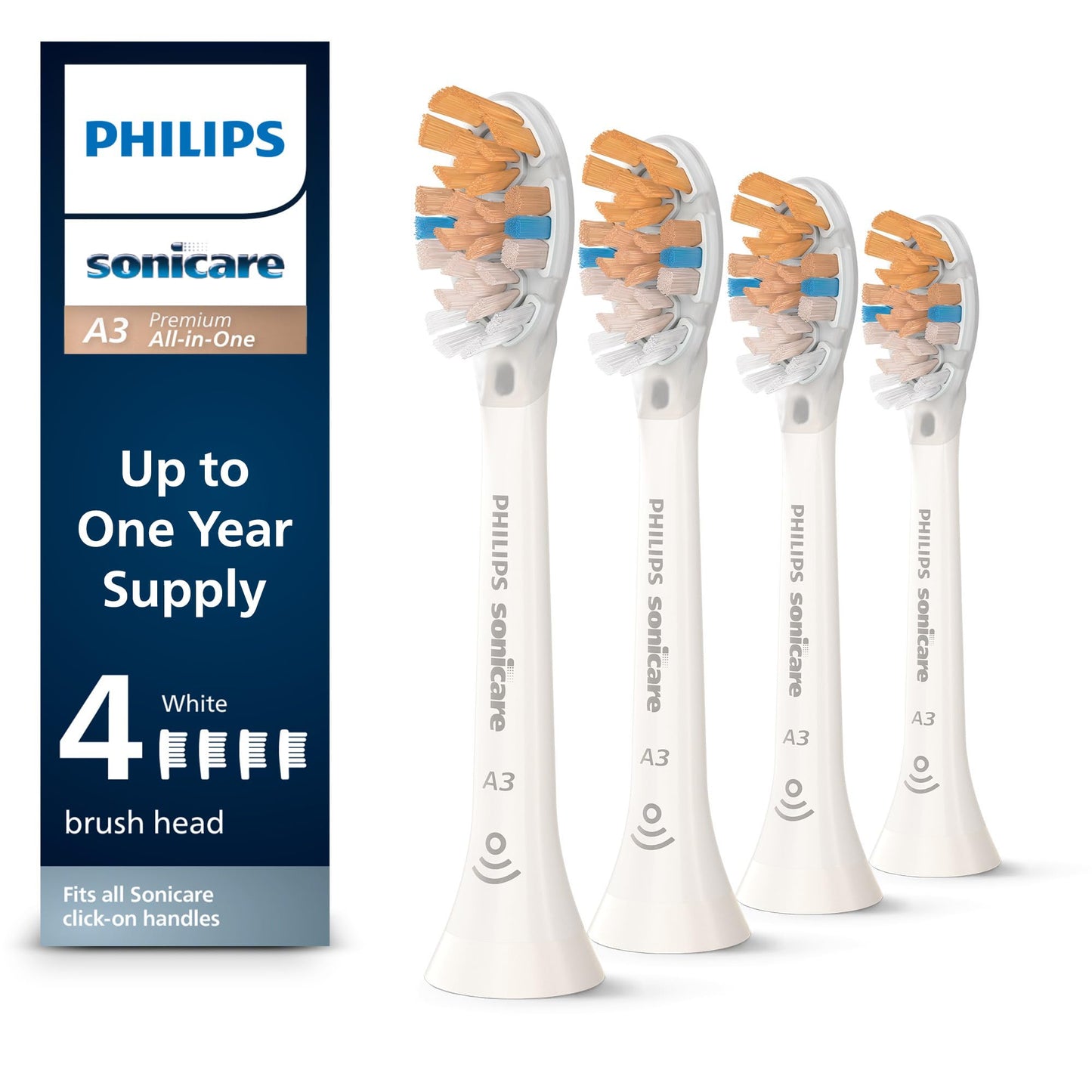 Philips Sonicare A3 All-in-One - Genuine Replacement Electric Toothbrush Heads, White, 4 Pack One Year Supply, HX9094/65