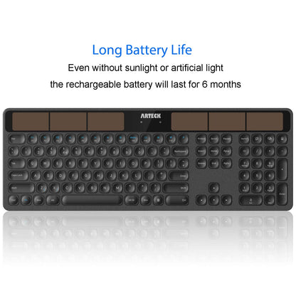 Arteck Solar Wireless Keyboard Full Size Solar Recharging Keyboard for Computer/Desktop/PC/Laptop/Surface/Smart TV and Windows 10/8 / 7 / Vista/XP Built in Rechargeable Battery