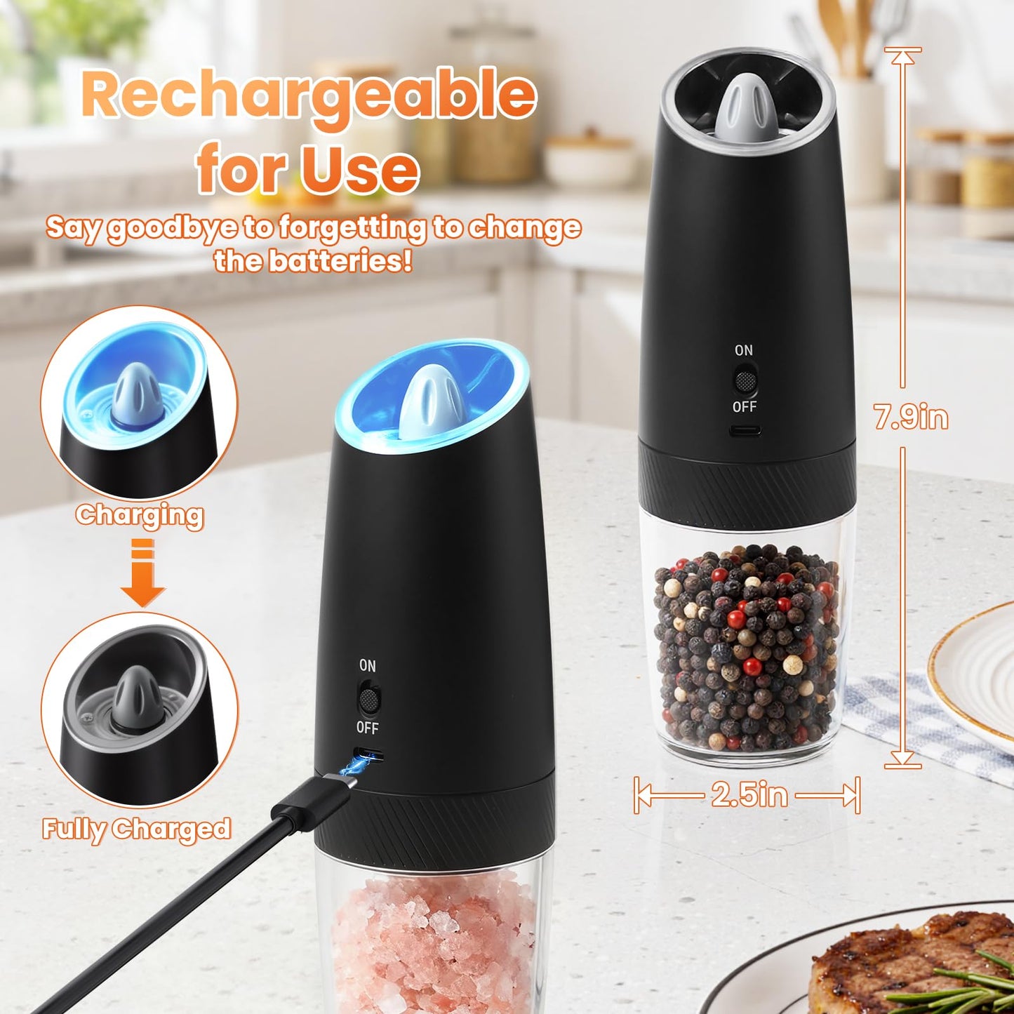 SmartTrends Gravity Electric Salt and Pepper Grinder Set with LED Light, Automatic Rechargeable Pepper Mill Grinder, Adjustable Coarseness for Peppercorn, Large Capacity for Home, Kitchen, 2 Pack