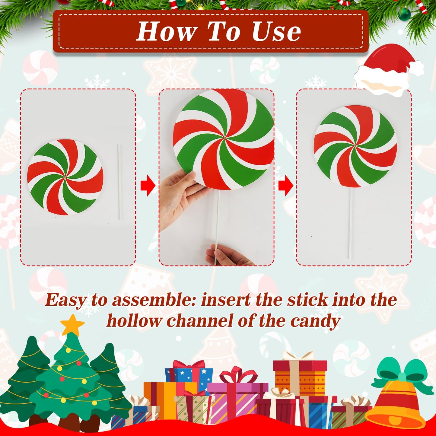 12Pcs Large Candy Christmas Tree Decorations Peppermint Lollipop Christmas Picks for Tree, 7.87" Red Green White Candy Ornaments, Plastic Candyland Tree Topper for Xmas Holiday Party Vase Decor