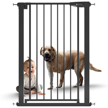Venture Q-Fix 110cm, 73-80cm wide pressure fit baby gate extra tall safety gate for stairs. Easy Assembly Toddler and pet safety gate. 90° two way open, auto close. (BLACK, QFIX GATE 73-80)