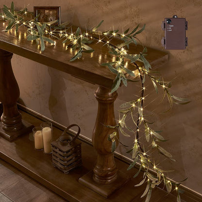 Hairui Lighted Artificial Olive Garland 6FT 96 LED Fairy Lights Battery Operated, Faux Vine Lights with Timer for Spring Christmas Holiday Fireplace Decoration